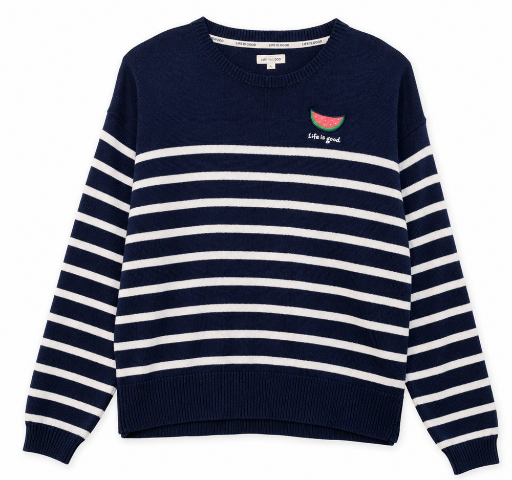 Life Is Good Womens Sweater L Navy White Stripe Crew Neck Watermelon Embroidery